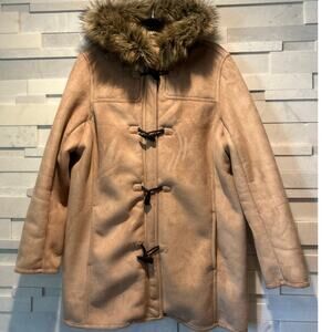 LANDS END Faux Suede Sherpa Shearling Zip-off Faux Fur Hooded Zip Toggle Coat XL